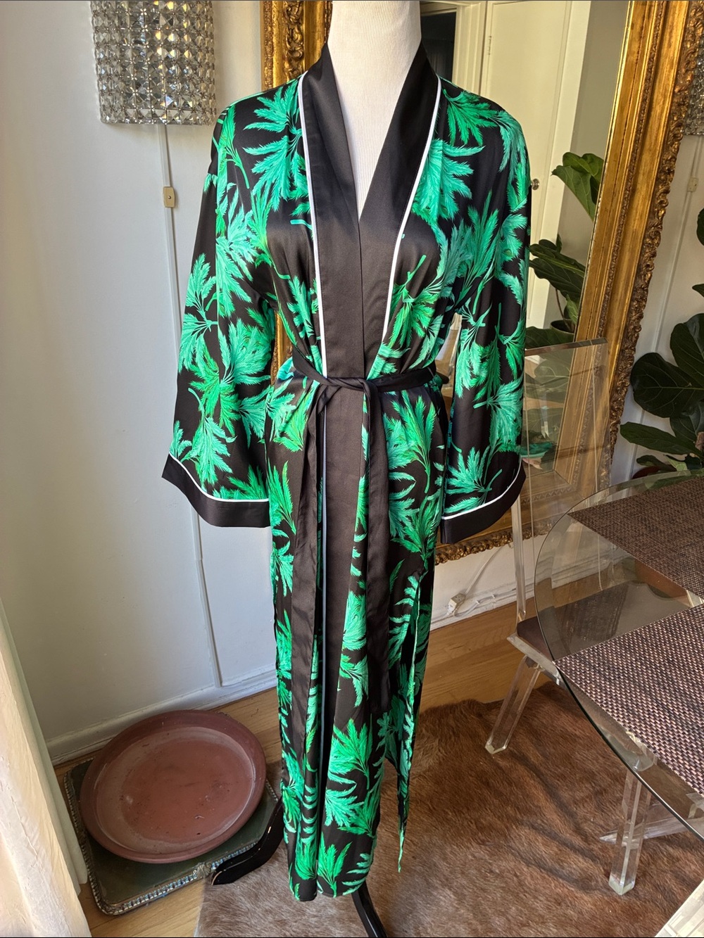 Fe Noel for target Women's Black Satin Long Robe with Green Palm Print Xs